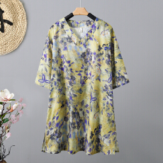 批发实拍 2026夏季新款苎麻印花<b class='q'>复古</b>休闲衬衫宽松V领中长款文艺衬衫裙