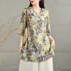 批发实拍 2026夏季新款苎麻印花<b class='q'>复古</b>休闲衬衫宽松V领中长款文艺衬衫裙