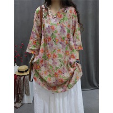 批发2026新款苎麻印花<b class='q'>复古</b>休闲衬衫宽松V领中长款文艺衬衫裙