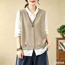 批发秋装绣花无袖针织棉线马甲开衫宽松外搭女短款毛衣外套百搭上衣