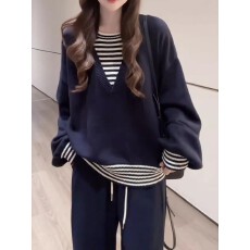 批发慵懒风条纹拼接假两件针织衫女秋季大码胖MM<b class='q'>时尚</b>宽松休闲长袖毛衣
