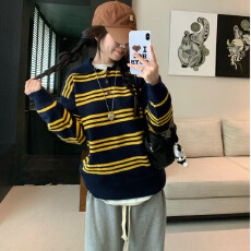 批发复古美式翻领<b class='q'>条纹</b>长袖针织衫2026秋季新款宽松减龄外穿打底毛衣女
