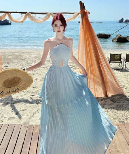 emvy chic larelle 파란색 백리스 스트랩 롱 스커트 프랑스식 드레스 디자인 센스