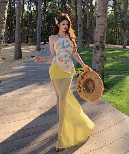 gege shop 전원 바람이 아닙니다. 규칙 행침 목 조끼 여성 몸매 가꾸기 디자인 센스 황색 망사 반신 스커트 휴가