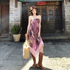 批发迷幻印花嬉皮风绑带串珠不规则吊带露背<b class='q'>连衣裙</b>海边度假裙女夏