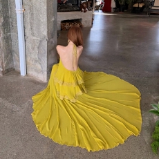 批发摩登浪漫风高级感宽松蕾丝花边性感露背无袖挂脖蛋糕裙连衣裙女夏