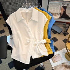 批发实拍2026年夏季新款女装T恤收腰洋气短袖<b class='q'>寸</b><b class='q'>衫</b>时尚法式绑带不规则