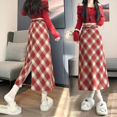 批发实拍 毛呢格子半身裙女秋<b class='q'>冬</b>复古高腰显瘦格纹中长款a字一步包臀裙