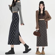 批发实拍菱形格子后开叉毛呢半身裙女秋冬韩系高腰a字直筒包臀一步裙