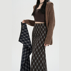 批发实拍菱形格子后开叉毛呢半身裙女秋冬韩系高腰a字直筒包臀一步裙