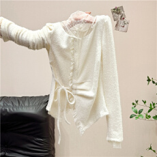 批发实拍设计感小众<b class='q'>蕾丝</b>拼接针织开衫女2025秋季新款系带小个子上潮