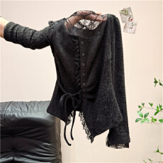 批发实拍设计感小众<b class='q'>蕾丝</b>拼接针织开衫女2025秋季新款系带小个子上潮