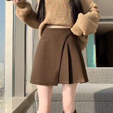 批发<b class='q'>实拍</b>韩版毛呢短裙女秋冬新款时尚百搭a字不规则毛呢半身