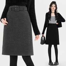 批发实拍 灰色极简风毛呢中裙女秋冬新款显瘦a字<b class='q'>百搭</b>通勤气质半身裙