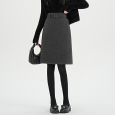 批发实拍 灰色极简风毛呢中裙女秋冬新款显瘦a字<b class='q'>百搭</b>通勤气质半身裙