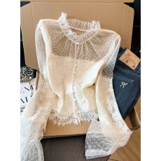 批发实拍蕾丝拼接网纱长袖波点衬衫<b class='q'>收腰</b>衬衣设计感纯欲短款上衣