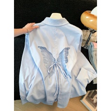 批发实拍2026夏新款蝴蝶<b class='q'>网纱</b>刺绣宽松衬衫女春慵懒风设计感翻领<b class='q'>上衣</b>