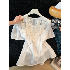 批发实拍<b class='q'>蕾丝</b>拼接短袖雪纺衬衫女士夏季2026新款夏装两件套衬衣女