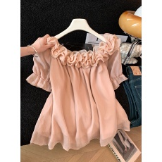 批发实拍木耳边花苞一字肩雪纺纱女夏宽松遮肚子气质漂亮衬衫上衣