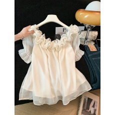 批发实拍木耳边花苞一字肩雪纺纱女夏宽松遮肚子气质漂亮衬衫上衣