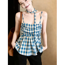 批发实拍 新款韩系格子抹胸背心女绝美辣妹<b class='q'>无袖</b>小衫裙摆飘带上衣