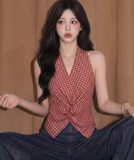 실사 항구 바람 레트로 빨간색 그리드 행침 목 조끼 여성 휴가 바람 허리 수축 V넥 민소매 작은 셔츠 맨위