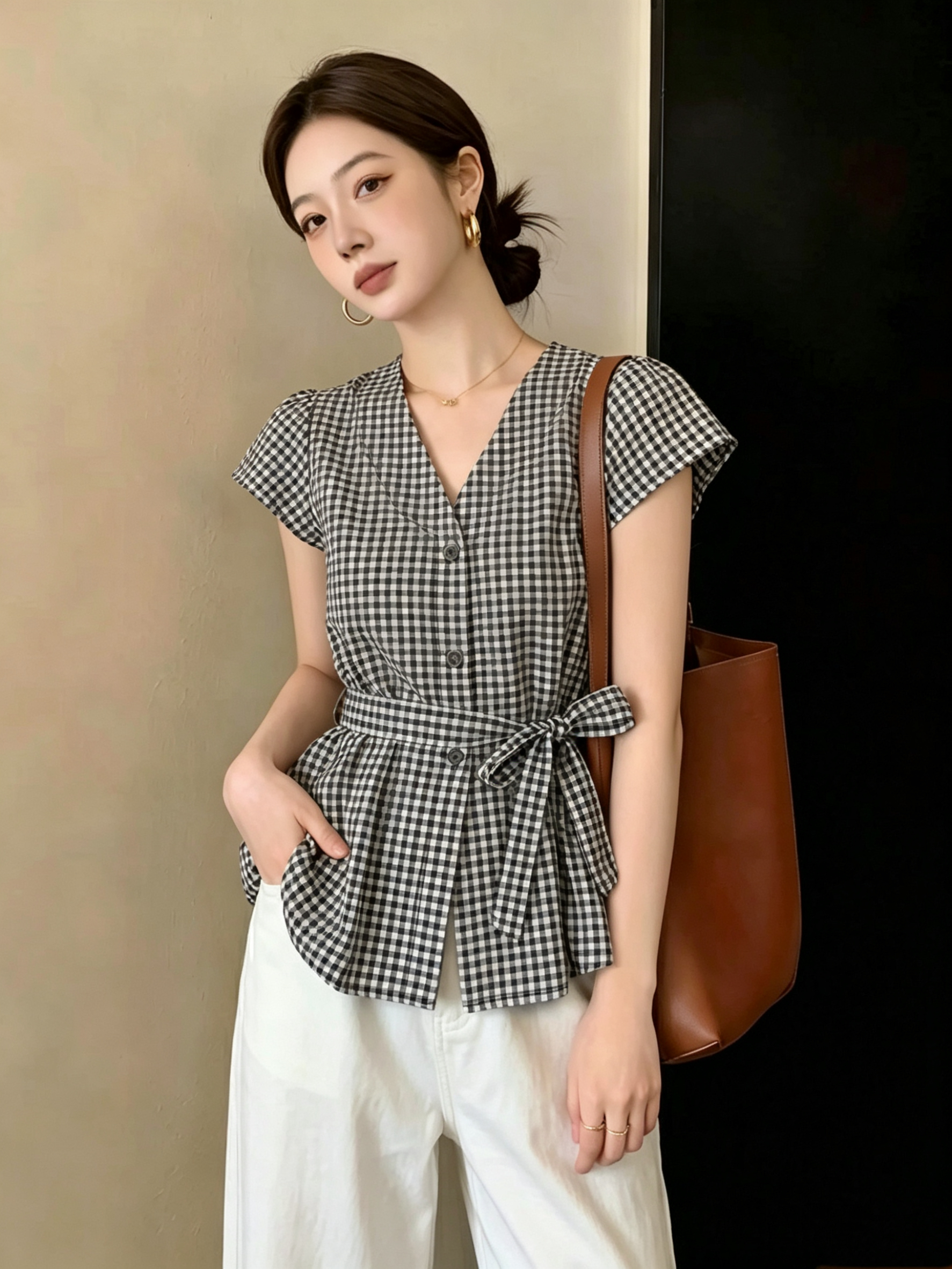 ai 실사 지금 2026 여름 새로운 프랑스식 레트로 빨간색 체크무늬 V넥 민소매 베스트 허리 수축 슬림해 보이는 조끼