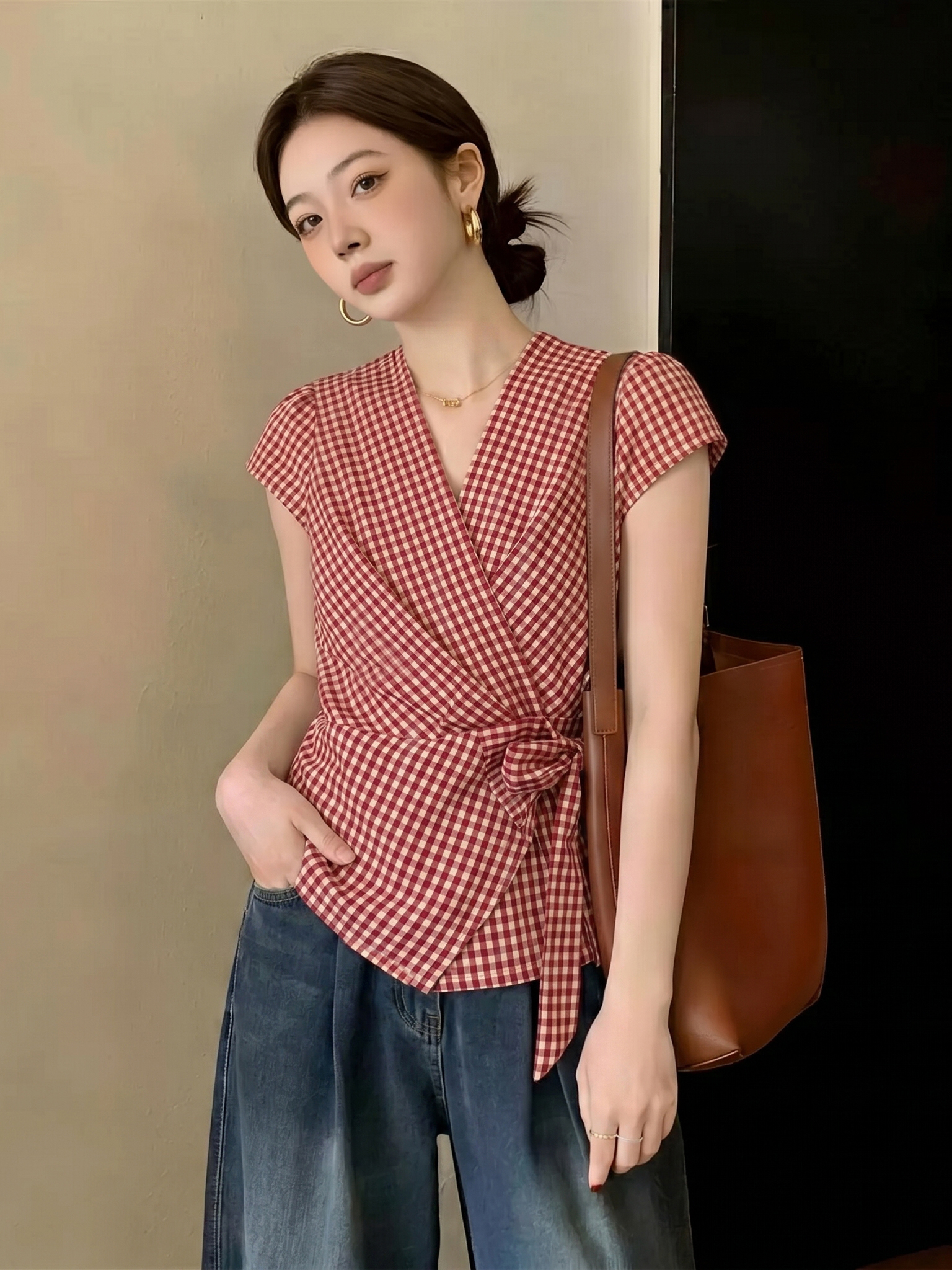 실사 레트로 체크무늬 셔츠 2026 여름 새로운 프랑스식 V넥 불규칙 스트랩 허리 수축 슬림해 보이는 맨위 여성