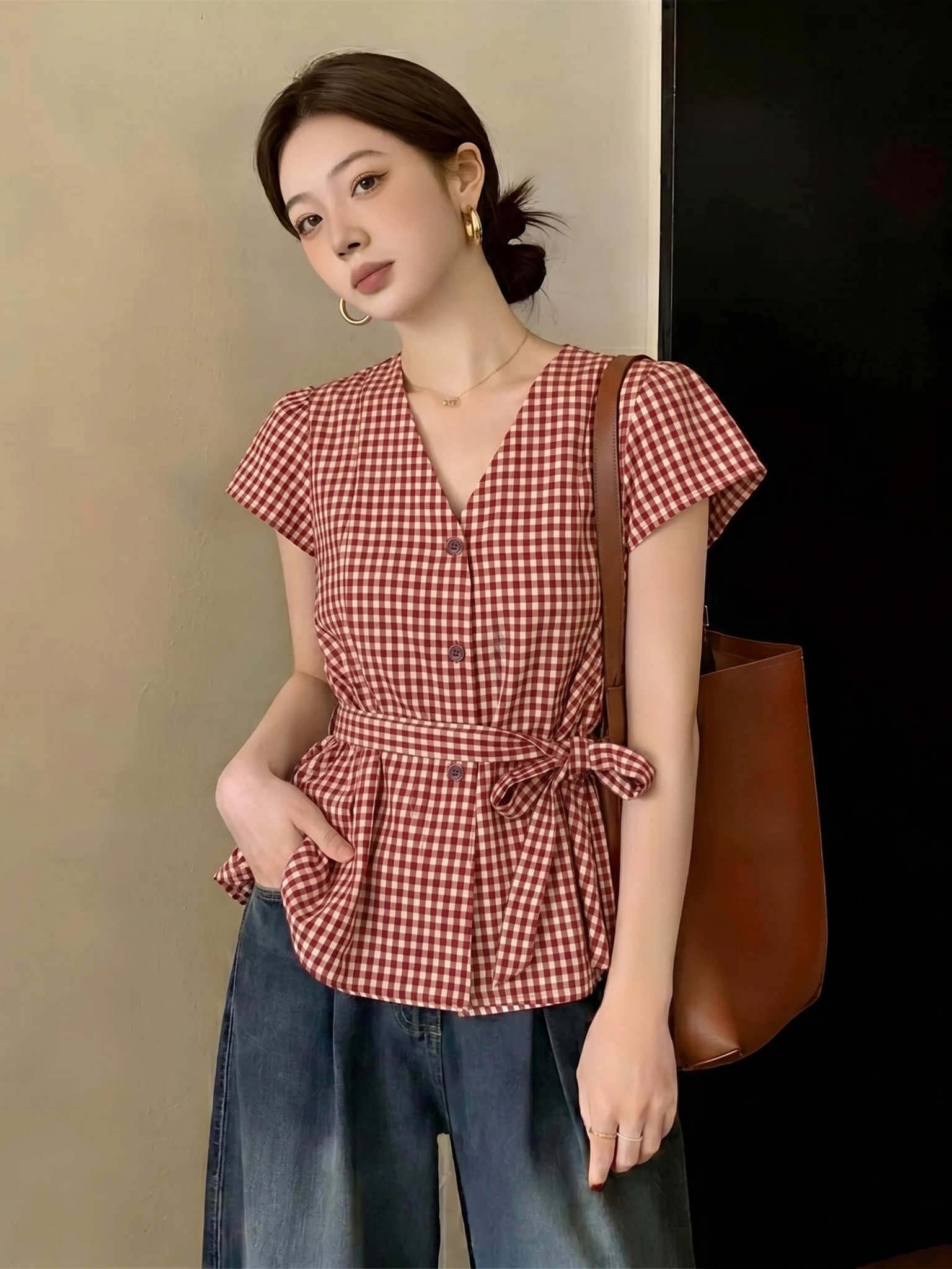 ai 실사 지금 2026 여름 새로운 프랑스식 레트로 빨간색 체크무늬 V넥 민소매 베스트 허리 수축 슬림해 보이는 조끼