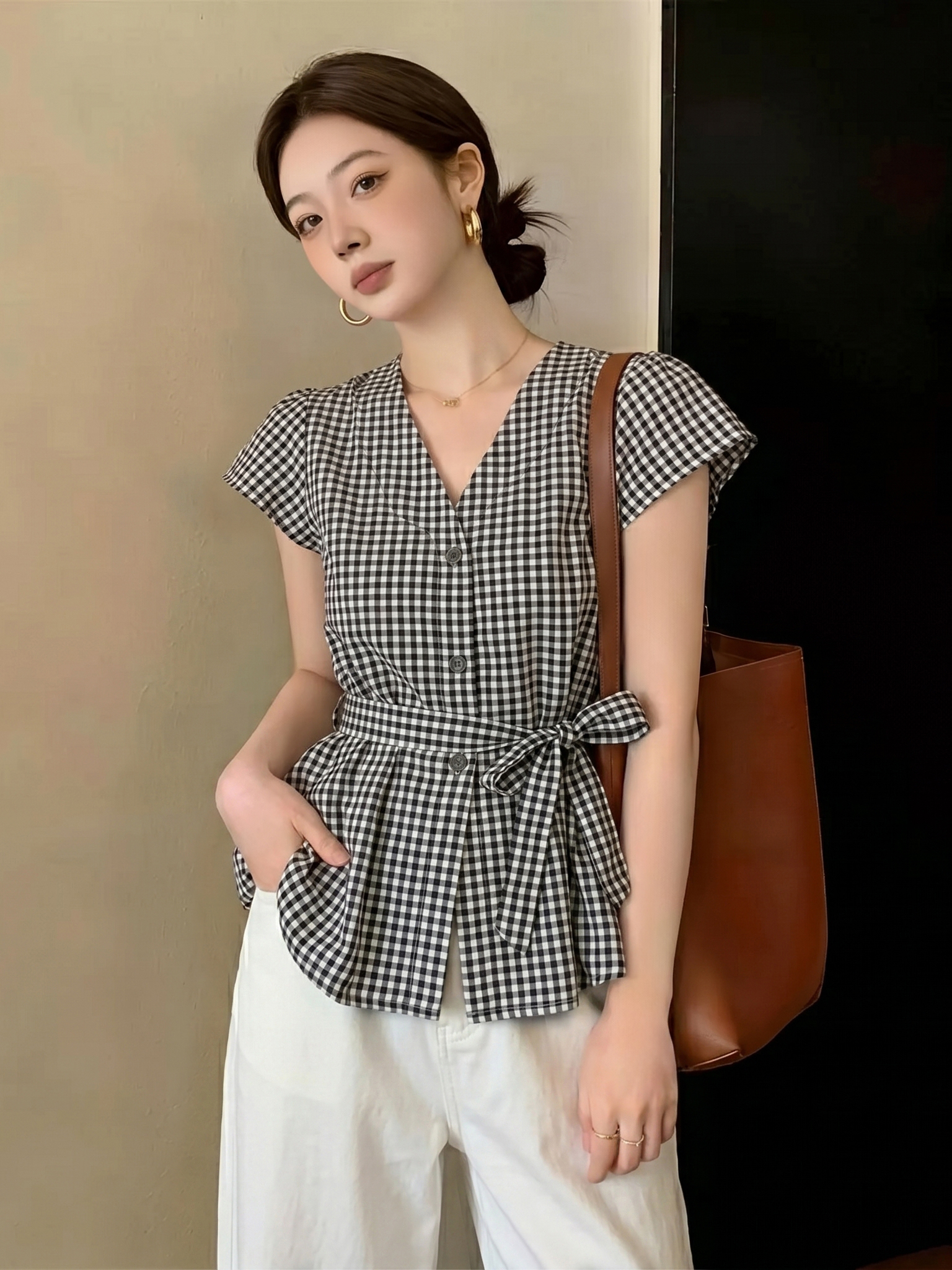 ai 실사 지금 2026 여름 새로운 프랑스식 레트로 빨간색 체크무늬 V넥 민소매 베스트 허리 수축 슬림해 보이는 조끼
