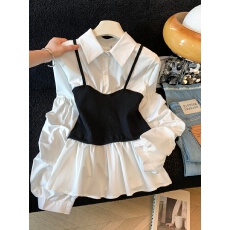 批发实拍秋季新款法式气质<b class='q'>假两件</b><b class='q'>衬衫</b>女设计感小众收腰长袖上衣