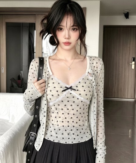 실사 가을 달콤함 작은 하트 긴팔 몸매 가꾸기 자외선 차단 오픈 가디건 티셔츠 품격 나비 매듭 슬립 투피스 세트