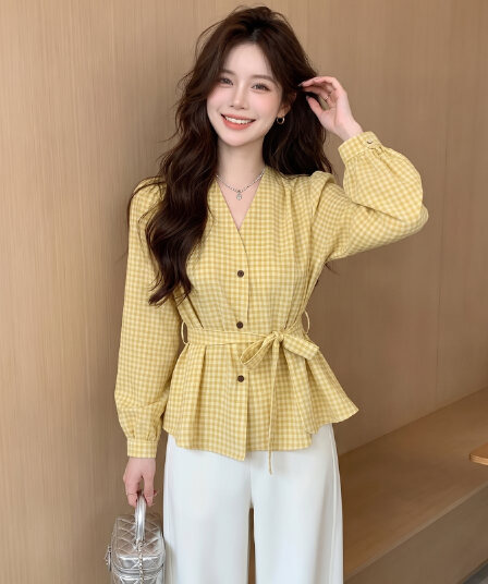 빛 요리 한 항구 바람 빨간색 체크무늬 허리 수축 여성 셔츠 가을 외출용 행침 목 리본 긴팔 조끼 베스트 맨위 서비스
