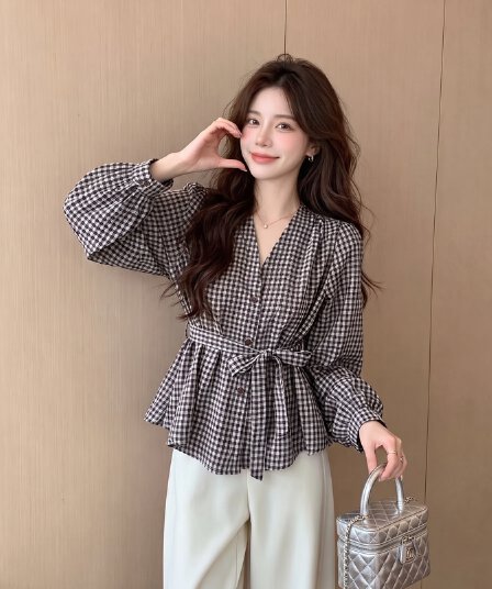 실사 빛 요리 한 항구 바람 빨간색 체크무늬 허리 수축 여성 셔츠 가을 외출용 리본 긴팔 조끼 베스트 맨위 서비스