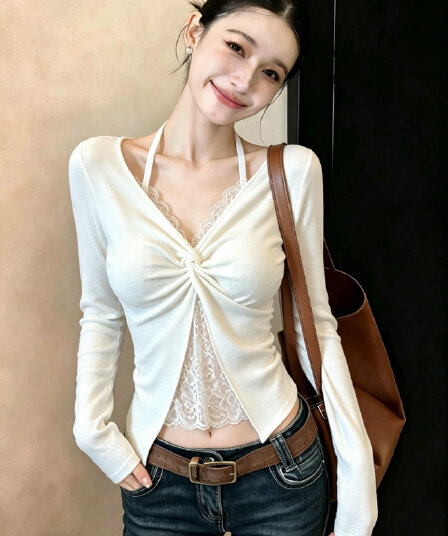 실사 2026 가을 프랑스식 고유 한 행침 목 V넥 레이스 긴팔 티셔츠 여성 디자인 센스 몸매 가꾸기 슬림해 보이는 맨위