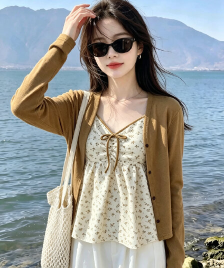 실사 한 부서 달콤함 꽃무늬 스트랩 루즈핏 슬립 맨위 외부 피 투피스 세트 가을 새로운 스택 착용 세트 여성