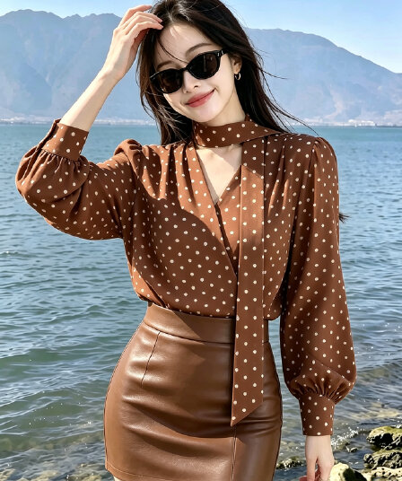 실사 2026 가을 새로운 레트로 프랑스식 나비 매듭 도트 무늬 쉬폰 여성 셔츠 루즈핏 느긋한 센스 품격 맨위