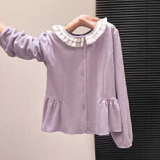 批发<b class='q'>实拍</b>法式甜美花边圆领长袖<b class='q'>衬衫</b>女2025冬季新款温柔风娃娃衫短上衣