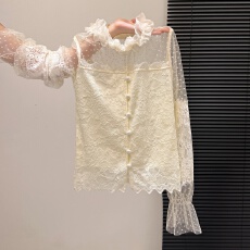 批发实拍法式纯欲辣妹春款蕾丝打底衬衫女设计感网纱拼接修身<b class='q'>长袖</b><b class='q'>上衣</b>