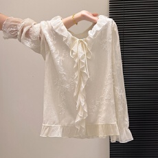批发实拍女士衬衫春款v领荷叶边喇叭袖<b class='q'>长袖</b>宽松刺绣<b class='q'>雪纺</b>高级感<b class='q'>上衣</b>