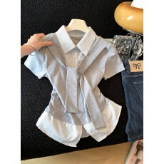 批发<b class='q'>实拍</b>撞色拼接假两件短袖<b class='q'>t</b><b class='q'>恤</b>女2026新款收腰显瘦正肩辣妹绝美上衣