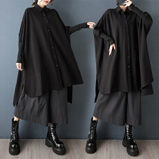 批发实拍秋装新款暗黑风蝙蝠袖大码衬衫宽松中长款拼接针织袖百搭上衣