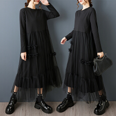 批发实拍春秋新款暗黑风圆领针织拼接网纱连衣裙时尚显瘦中长款<b class='q'>打底裙</b>