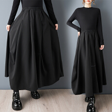 批发实拍春夏款暗黑风不规则黑白线中长裙时尚百搭休闲显瘦A字半身裙