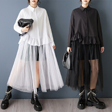 批发实拍春装新款暗黑风立体花朵<b class='q'>连衣裙</b>时尚网纱拼接宽松显瘦<b class='q'>衬衫</b>裙