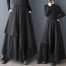 批发实拍春夏新款暗黑风网纱拼接不规则裤裙百搭宽松显瘦休闲阔腿<b class='q'>裤</b>