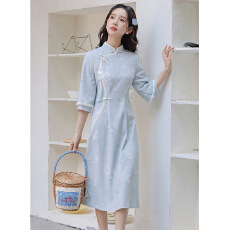 批发蓝色碎花淑女范倒大袖旗袍2025年<b class='q'>春</b>秋夏季新款日常可穿气质优雅