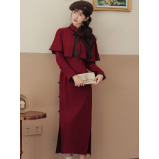 批发新中式改良酒红色仿羊绒<b class='q'>复古</b>斗篷旗袍绝美气质高级感订婚敬酒服