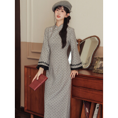 批发雨梳新中式波点印花旗袍女秋季国风立领长袖<b class='q'>连衣裙</b>