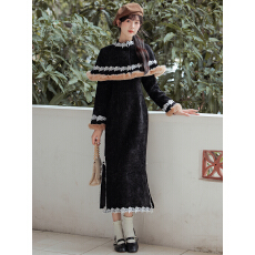 批发咖啡玫瑰唯有浪漫丝绒烫金加绒加厚直袖美拉德色秋冬旗袍披肩套装